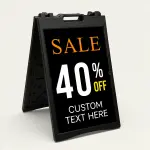 Custom black and orange discount percentage sale A-frame sign with large white percentage number and custom text line for Los Angeles retail store or business promotion