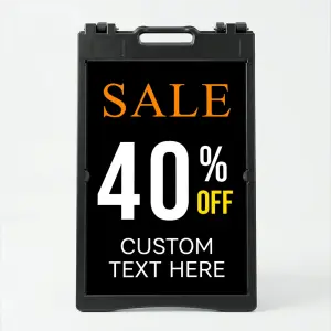 Custom black and orange discount percentage sale A-frame sign with large white percentage number and custom text line for Los Angeles retail store or business promotion
