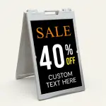 Custom black and orange discount percentage sale A-frame sign with large white percentage number and custom text line for Los Angeles retail store or business promotion