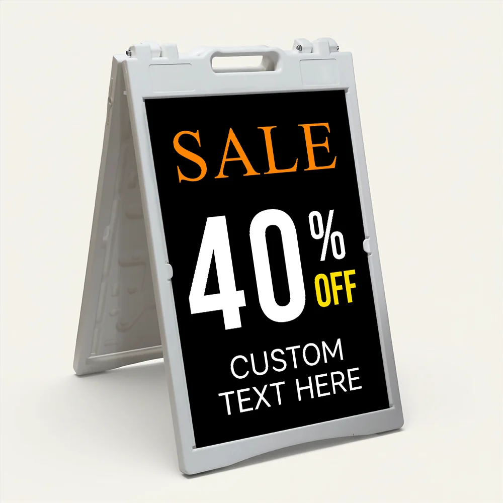 Custom black and orange discount percentage sale A-frame sign with large white percentage number and custom text line for Los Angeles retail store or business promotion
