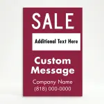 Custom burgundy and white sale message and contact A-frame sign with bold SALE headline white accent box custom message zone and business name and phone number for Los Angeles boutique salon or specialty retailer