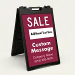 Custom burgundy and white sale message and contact A-frame sign with bold SALE headline white accent box custom message zone and business name and phone number for Los Angeles boutique salon or specialty retailer