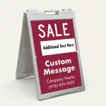 Custom burgundy and white sale message and contact A-frame sign with bold SALE headline white accent box custom message zone and business name and phone number for Los Angeles boutique salon or specialty retailer