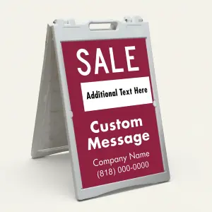 Custom burgundy and white sale message and contact A-frame sign with bold SALE headline white accent box custom message zone and business name and phone number for Los Angeles boutique salon or specialty retailer