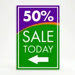 Custom purple and green sale percentage directional A-frame sign with large discount percentage bold sale message and directional arrow for Los Angeles retail store boutique or pop-up vendor