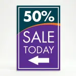 Custom teal and purple sale percentage directional A-frame sign with large discount percentage bold sale message and directional arrow for Los Angeles retail store boutique or pop-up vendor