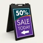Custom teal and purple sale percentage directional A-frame sign with large discount percentage bold sale message and directional arrow for Los Angeles retail store boutique or pop-up vendor