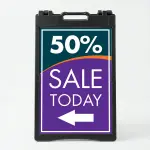 Custom teal and purple sale percentage directional A-frame sign with large discount percentage bold sale message and directional arrow for Los Angeles retail store boutique or pop-up vendor