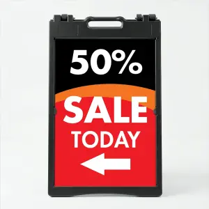 Custom black and red sale percentage directional A-frame sign with large discount percentage bold sale message and directional arrow for Los Angeles retail store boutique or pop-up vendor