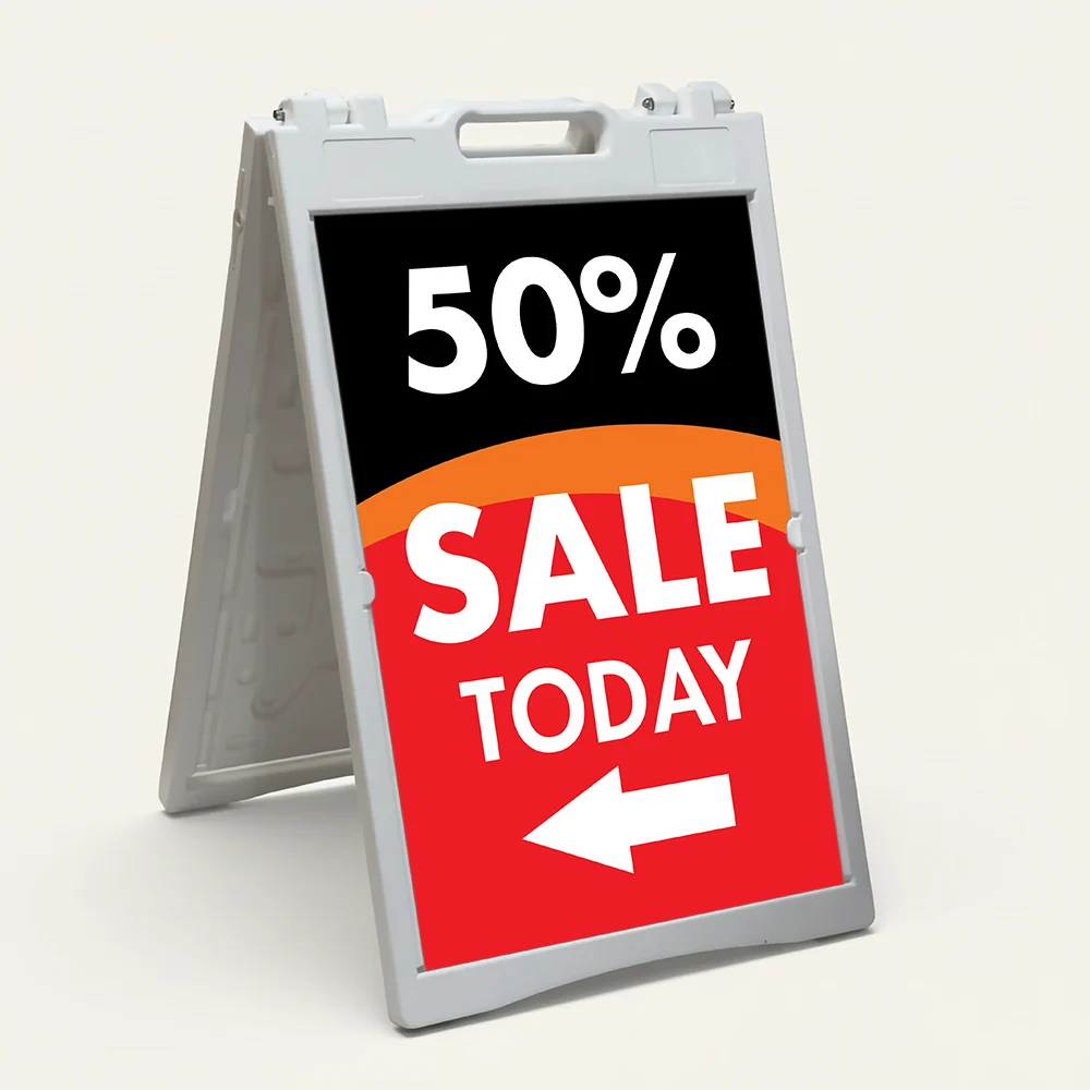 Custom black and red sale percentage directional A-frame sign with large discount percentage bold sale message and directional arrow for Los Angeles retail store boutique or pop-up vendor