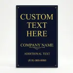 Custom navy and gold elegant message and contact A-frame sign with decorative gold border serif message text company name ornamental divider and phone number for Los Angeles law firm fine dining restaurant or luxury business
