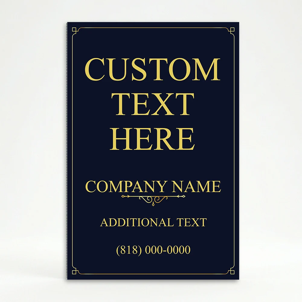 Custom navy and gold elegant message and contact A-frame sign with decorative gold border serif message text company name ornamental divider and phone number for Los Angeles law firm fine dining restaurant or luxury business