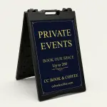 Custom navy and gold elegant message and contact A-frame sign with decorative gold border serif message text company name ornamental divider and phone number for Los Angeles law firm fine dining restaurant or luxury business