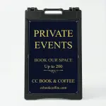 Custom navy and gold elegant message and contact A-frame sign with decorative gold border serif message text company name ornamental divider and phone number for Los Angeles law firm fine dining restaurant or luxury business