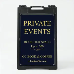 Custom navy and gold elegant message and contact A-frame sign with decorative gold border serif message text company name ornamental divider and phone number for Los Angeles law firm fine dining restaurant or luxury business