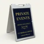 Custom navy and gold elegant message and contact A-frame sign with decorative gold border serif message text company name ornamental divider and phone number for Los Angeles law firm fine dining restaurant or luxury business