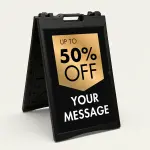 Custom black and gold shield discount A-frame sign with gold badge showing customizable discount percentage and large white custom message zone for Los Angeles boutique jewelry store or upscale salon
