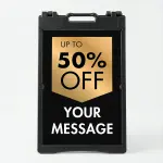 Custom black and gold shield discount A-frame sign with gold badge showing customizable discount percentage and large white custom message zone for Los Angeles boutique jewelry store or upscale salon