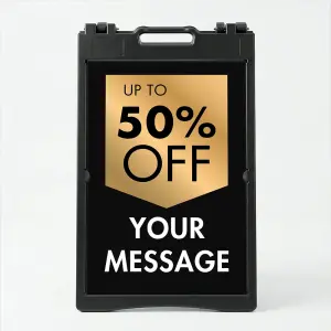 Custom black and gold shield discount A-frame sign with gold badge showing customizable discount percentage and large white custom message zone for Los Angeles boutique jewelry store or upscale salon