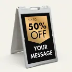 Custom black and gold shield discount A-frame sign with gold badge showing customizable discount percentage and large white custom message zone for Los Angeles boutique jewelry store or upscale salon