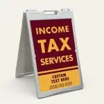 Custom income tax services A-frame sign with bold maroon upper section gold lettering and customizable gold lower section with phone number for Los Angeles tax preparer or CPA office
