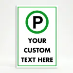 Custom green and white parking symbol A-frame sign with universal parking icon and custom text zone for Los Angeles parking lot garage or event venue