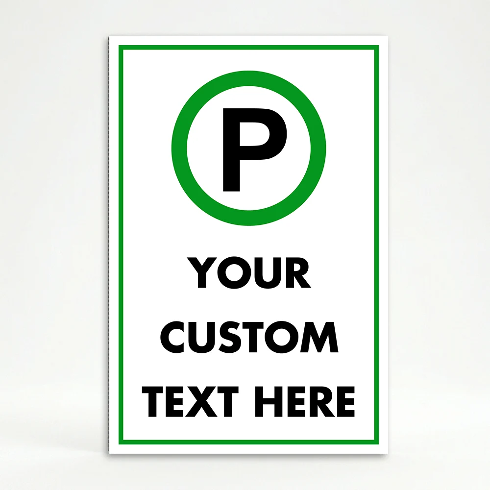 Custom green and white parking symbol A-frame sign with universal parking icon and custom text zone for Los Angeles parking lot garage or event venue