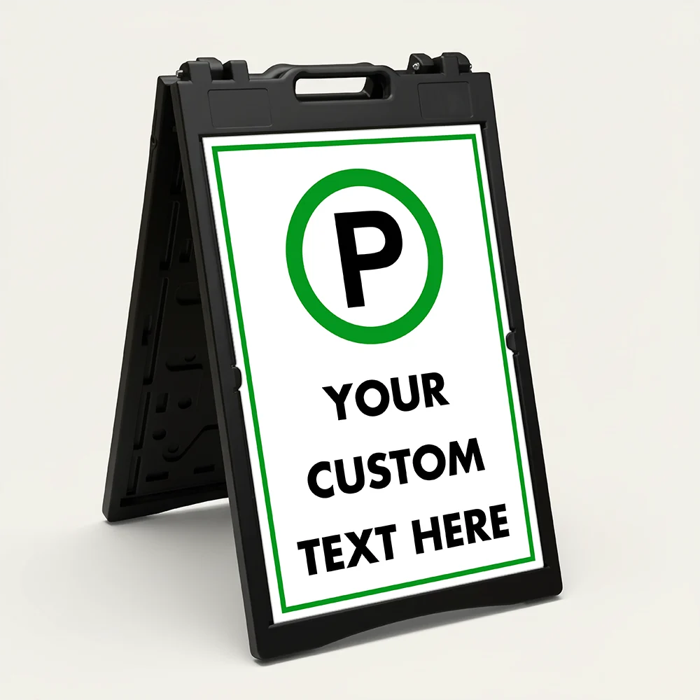 Custom green and white parking symbol A-frame sign with universal parking icon and custom text zone for Los Angeles parking lot garage or event venue