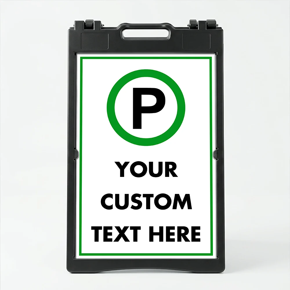 Custom green and white parking symbol A-frame sign with universal parking icon and custom text zone for Los Angeles parking lot garage or event venue