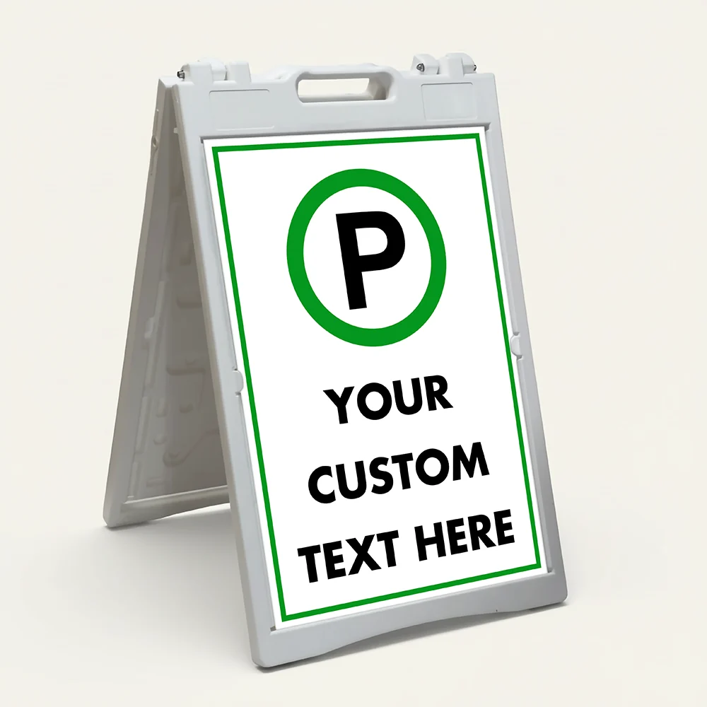 Custom green and white parking symbol A-frame sign with universal parking icon and custom text zone for Los Angeles parking lot garage or event venue