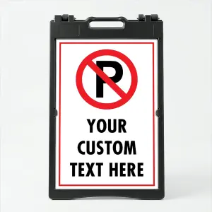 Custom red and white no parking symbol A-frame sign with universal no parking icon and custom text zone for Los Angeles private lot business or property management