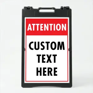Custom attention split panel A-frame sign with bold red header and white custom text zone with red border for Los Angeles business entrance or facility notice