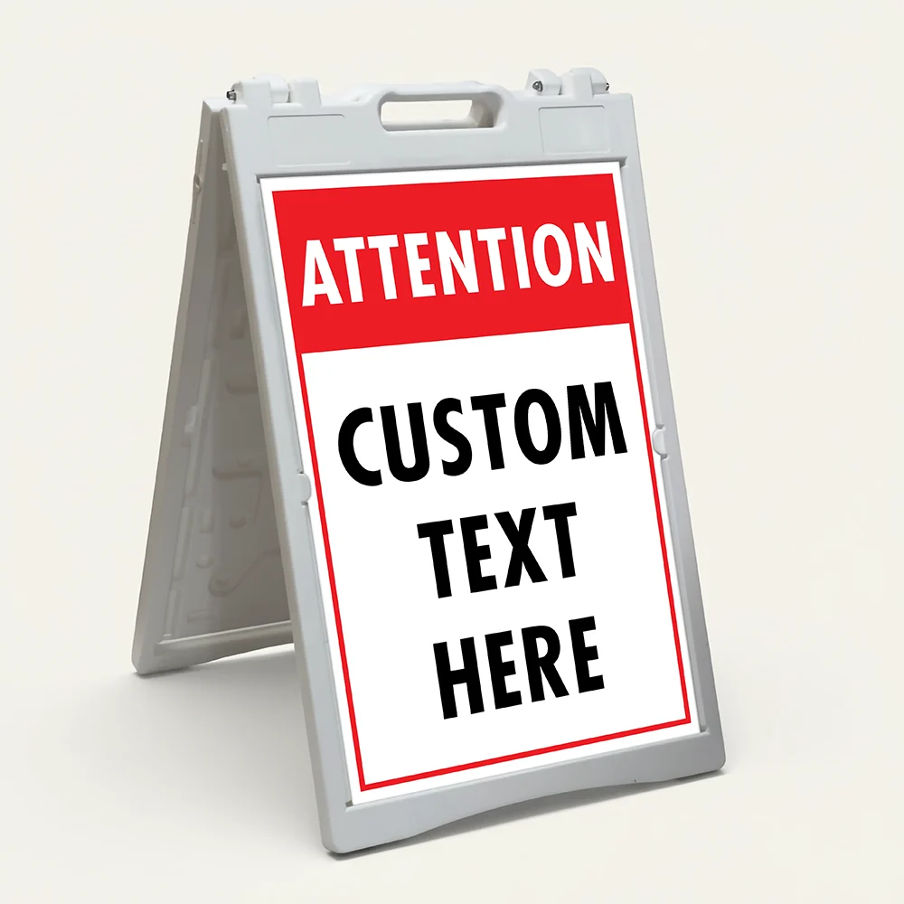 Custom attention split panel A-frame sign with bold red header and white custom text zone with red border for Los Angeles business entrance or facility notice