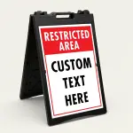 Custom restricted area split panel A-frame sign with bold red header and white custom text zone with red border for Los Angeles business parking lot or secured facility