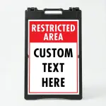 Custom restricted area split panel A-frame sign with bold red header and white custom text zone with red border for Los Angeles business parking lot or secured facility