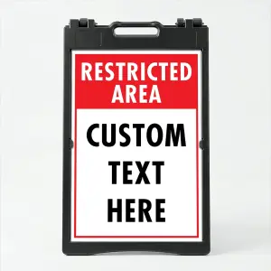Custom restricted area split panel A-frame sign with bold red header and white custom text zone with red border for Los Angeles business parking lot or secured facility