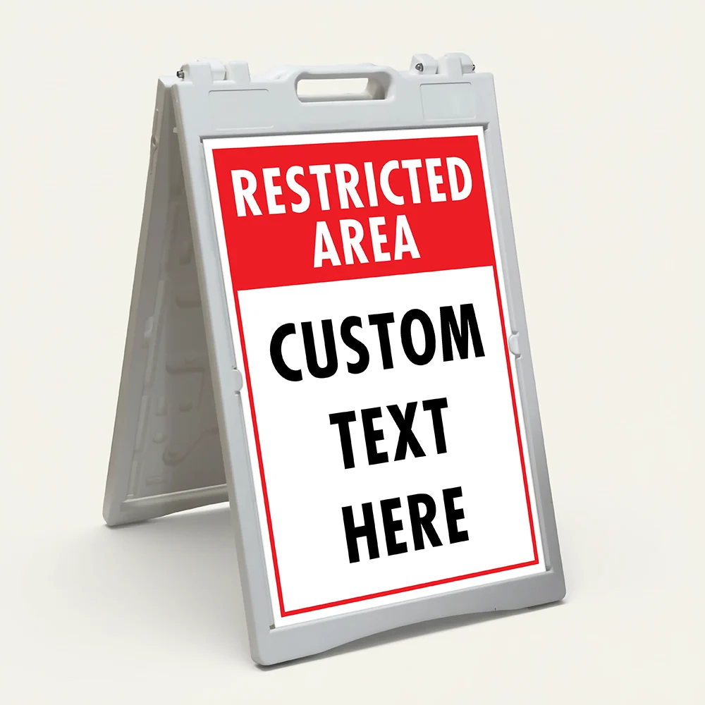 Custom restricted area split panel A-frame sign with bold red header and white custom text zone with red border for Los Angeles business parking lot or secured facility
