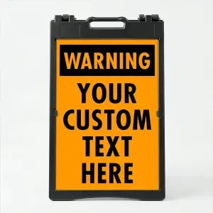 Custom orange and black warning A-frame sign with bold WARNING header and custom text zone for Los Angeles construction site parking lot or commercial facility