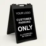 Custom logo customer parking only A-frame sign with white text on black panel and customizable enforcement line for Los Angeles retail store or business parking lot