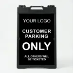 Custom logo customer parking only A-frame sign with white text on black panel and customizable enforcement line for Los Angeles retail store or business parking lot