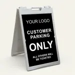 Custom logo customer parking only A-frame sign with white text on black panel and customizable enforcement line for Los Angeles retail store or business parking lot