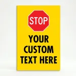 Custom yellow and red stop sign icon A-frame sign with universal red octagon stop symbol and custom text zone for Los Angeles parking lot construction site or facility