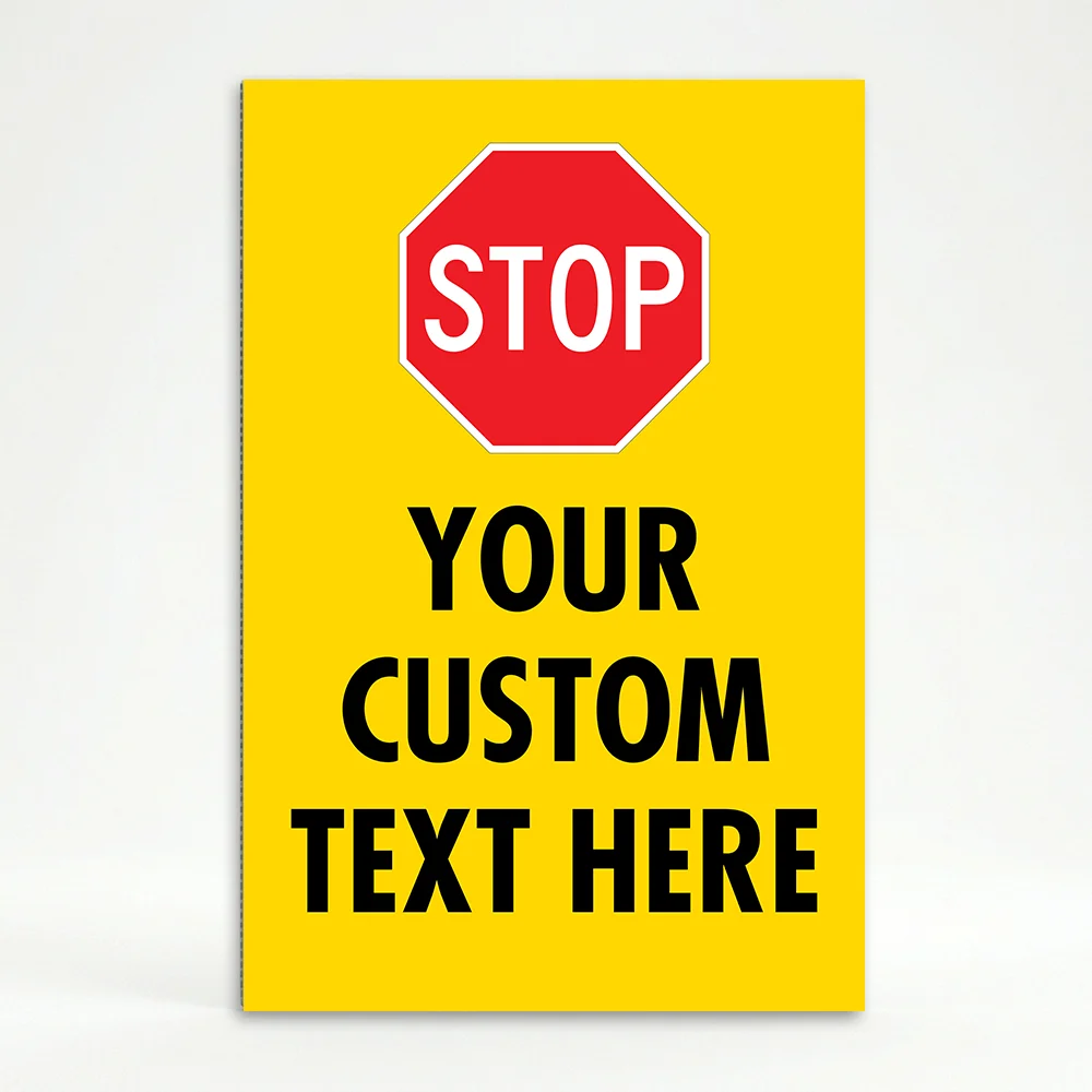 Custom yellow and red stop sign icon A-frame sign with universal red octagon stop symbol and custom text zone for Los Angeles parking lot construction site or facility