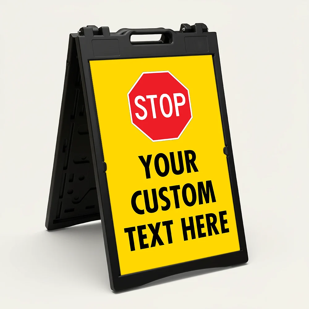 Custom yellow and red stop sign icon A-frame sign with universal red octagon stop symbol and custom text zone for Los Angeles parking lot construction site or facility