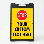 Custom yellow and red stop sign icon A-frame sign with universal red octagon stop symbol and custom text zone for Los Angeles parking lot construction site or facility