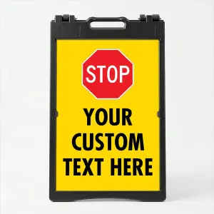 Custom yellow and red stop sign icon A-frame sign with universal red octagon stop symbol and custom text zone for Los Angeles parking lot construction site or facility