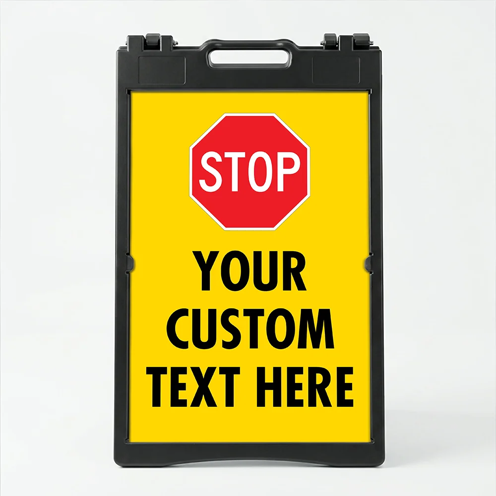 Custom yellow and red stop sign icon A-frame sign with universal red octagon stop symbol and custom text zone for Los Angeles parking lot construction site or facility