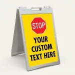 Custom yellow and red stop sign icon A-frame sign with universal red octagon stop symbol and custom text zone for Los Angeles parking lot construction site or facility