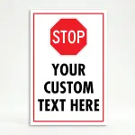Custom red and white stop sign icon A-frame sign with universal red octagon stop symbol and custom text zone for Los Angeles managed parking facility office building or gated property