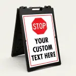 Custom red and white stop sign icon A-frame sign with universal red octagon stop symbol and custom text zone for Los Angeles managed parking facility office building or gated property